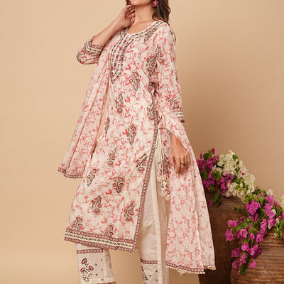 Abstract Printed & Ethnic Embroidered Straight Kurta with Pant & Dupatta - Off White