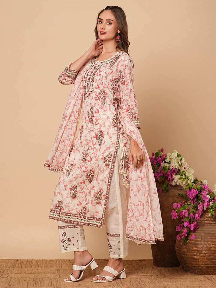 Abstract Printed & Ethnic Embroidered Straight Kurta with Pant & Dupatta - Off White