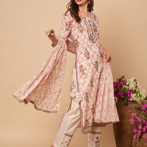 Abstract Printed & Ethnic Embroidered Straight Kurta with Pant & Dupatta - Off White