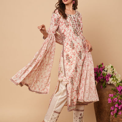 Abstract Printed & Ethnic Embroidered Straight Kurta with Pant & Dupatta - Off White