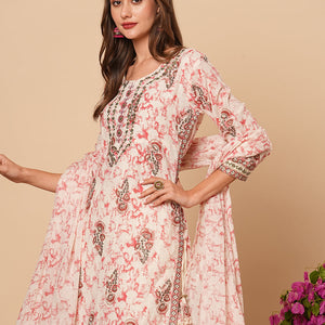 Abstract Printed & Ethnic Embroidered Straight Kurta with Pant & Dupatta - Off White