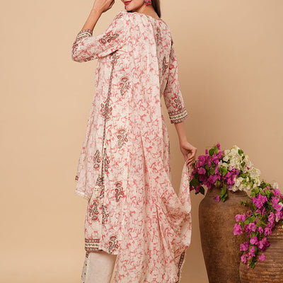 Abstract Printed & Ethnic Embroidered Straight Kurta with Pant & Dupatta - Off White