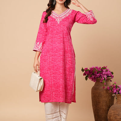 Bandhani Printed Ethnic Embroidered Straight Fit Kurta - Pink