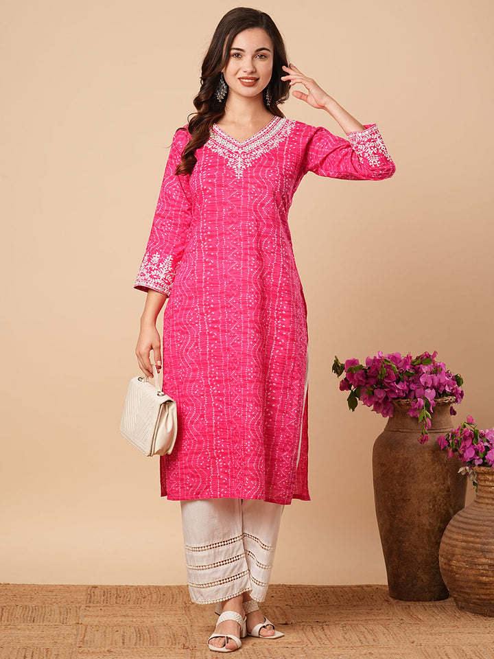 Bandhani Printed Ethnic Embroidered Straight Fit Kurta - Pink