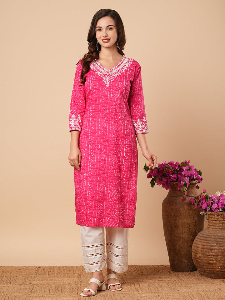 Bandhani Printed Ethnic Embroidered Straight Fit Kurta - Pink