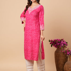 Bandhani Printed Ethnic Embroidered Straight Fit Kurta - Pink