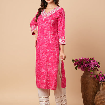 Bandhani Printed Ethnic Embroidered Straight Fit Kurta - Pink