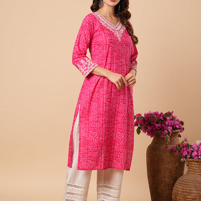 Bandhani Printed Ethnic Embroidered Straight Fit Kurta - Pink