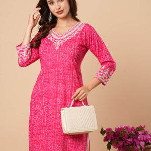 Bandhani Printed Ethnic Embroidered Straight Fit Kurta - Pink