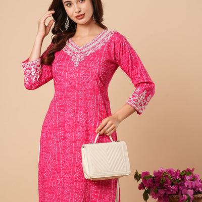 Bandhani Printed Ethnic Embroidered Straight Fit Kurta - Pink