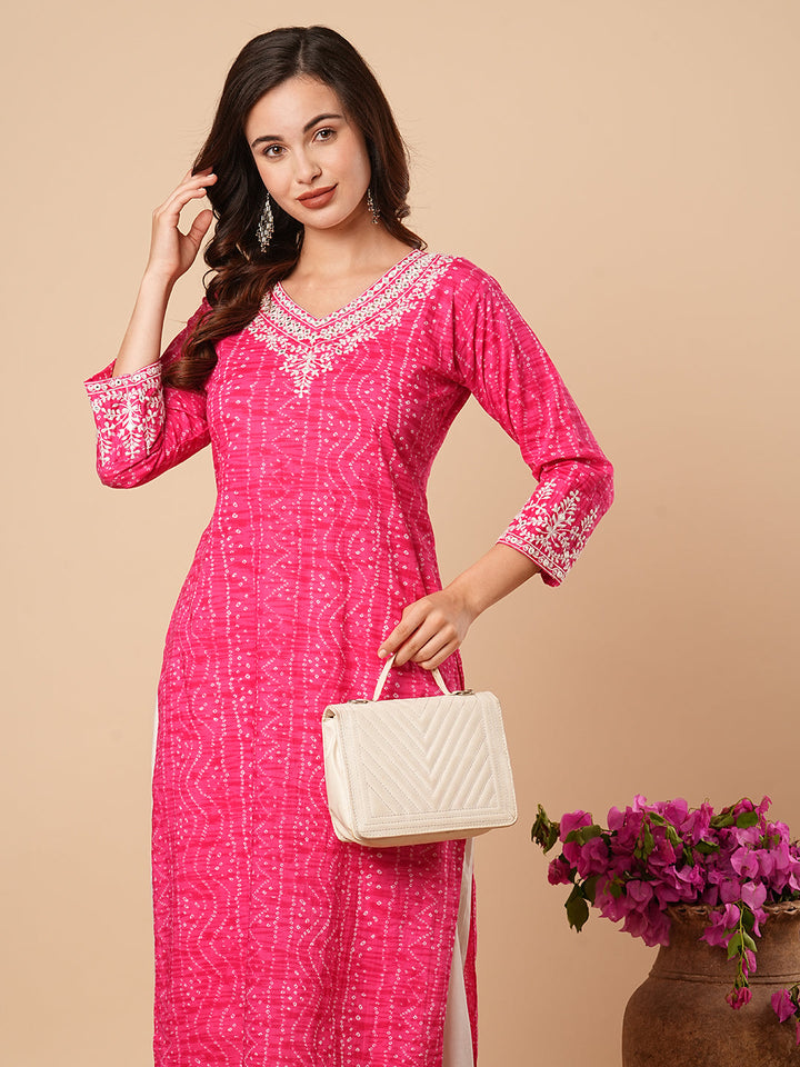 Bandhani Printed Ethnic Embroidered Straight Fit Kurta - Pink