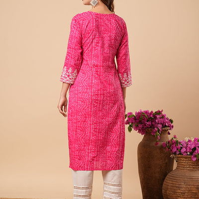 Bandhani Printed Ethnic Embroidered Straight Fit Kurta - Pink