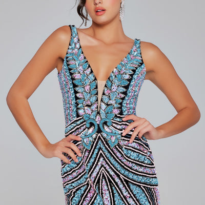 Beaded Fitted Short V-Neck Dress by Jovani 25925