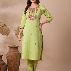 Solid Floral Hand & Embroidered Straight Kurta with Pant - Green