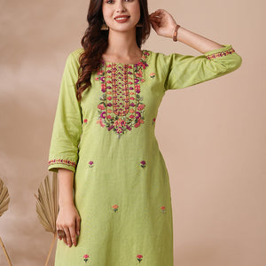 Solid Floral Hand & Embroidered Straight Kurta with Pant - Green
