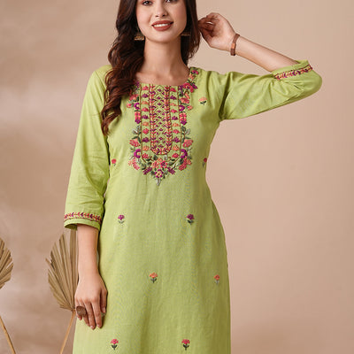 Solid Floral Hand & Embroidered Straight Kurta with Pant - Green