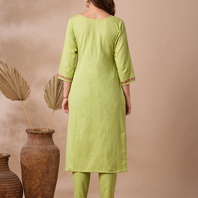 Solid Floral Hand & Embroidered Straight Kurta with Pant - Green