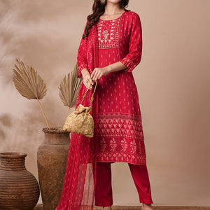 Ethnic Printed & Hand Embroidered Straight Fit Kurta with Pant & Dupatta - Red
