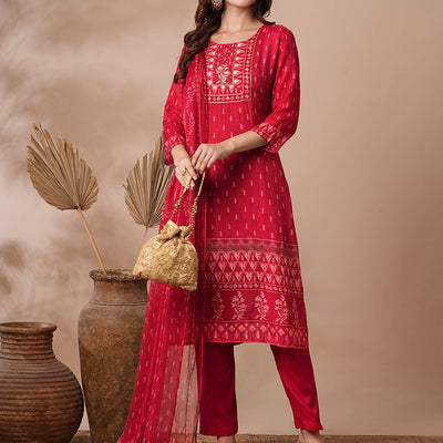Ethnic Printed & Hand Embroidered Straight Fit Kurta with Pant & Dupatta - Red