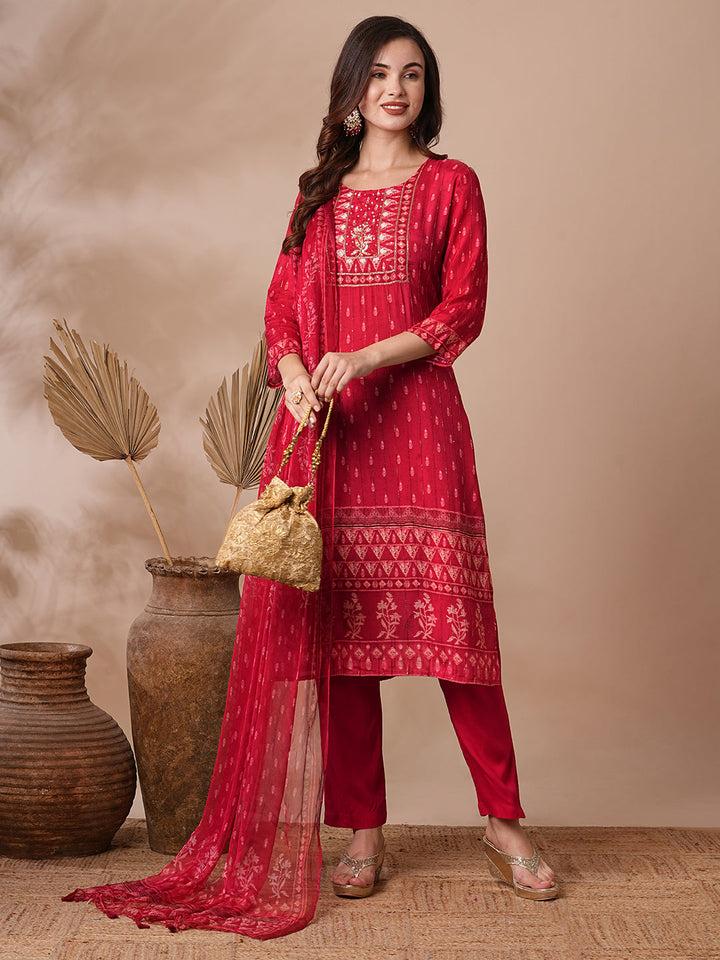 Ethnic Printed & Hand Embroidered Straight Fit Kurta with Pant & Dupatta - Red