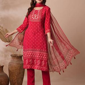 Ethnic Printed & Hand Embroidered Straight Fit Kurta with Pant & Dupatta - Red