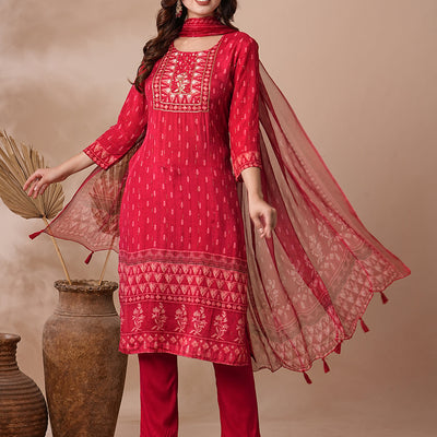 Ethnic Printed & Hand Embroidered Straight Fit Kurta with Pant & Dupatta - Red