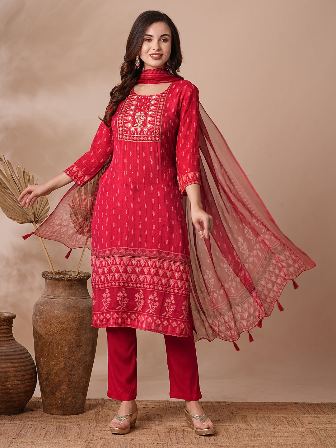 Ethnic Printed & Hand Embroidered Straight Fit Kurta with Pant & Dupatta - Red