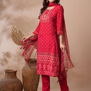 Ethnic Printed & Hand Embroidered Straight Fit Kurta with Pant & Dupatta - Red
