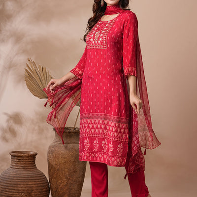 Ethnic Printed & Hand Embroidered Straight Fit Kurta with Pant & Dupatta - Red