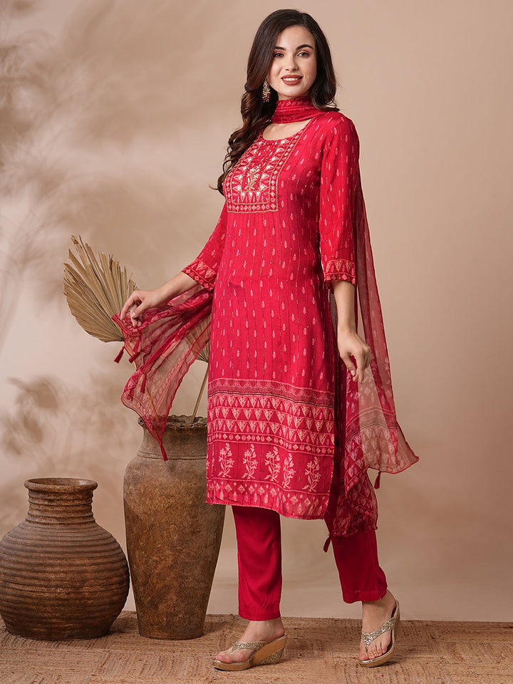 Ethnic Printed & Hand Embroidered Straight Fit Kurta with Pant & Dupatta - Red