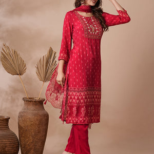 Ethnic Printed & Hand Embroidered Straight Fit Kurta with Pant & Dupatta - Red