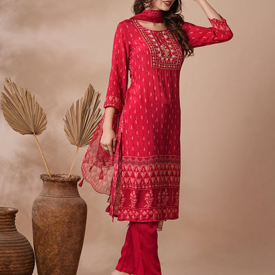 Ethnic Printed & Hand Embroidered Straight Fit Kurta with Pant & Dupatta - Red