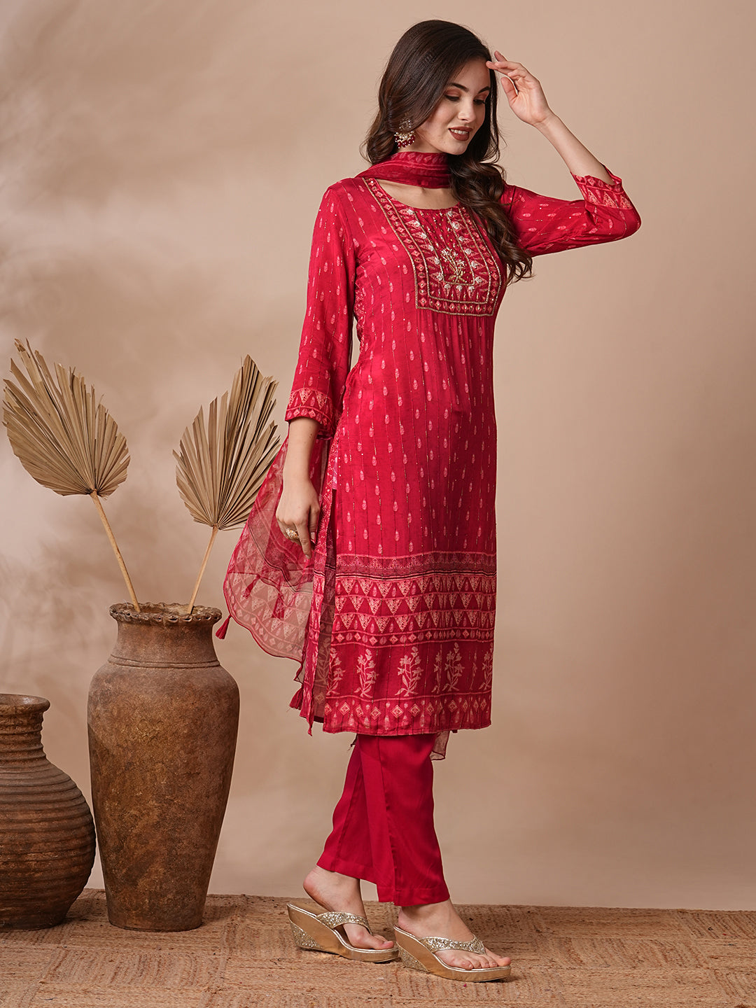 Ethnic Printed & Hand Embroidered Straight Fit Kurta with Pant & Dupatta - Red