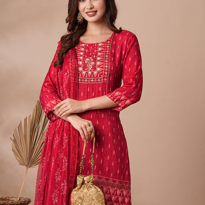 Ethnic Printed & Hand Embroidered Straight Fit Kurta with Pant & Dupatta - Red