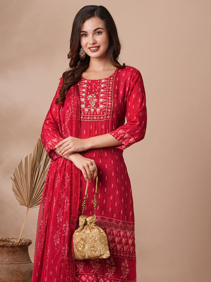 Ethnic Printed & Hand Embroidered Straight Fit Kurta with Pant & Dupatta - Red