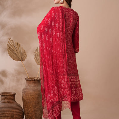 Ethnic Printed & Hand Embroidered Straight Fit Kurta with Pant & Dupatta - Red