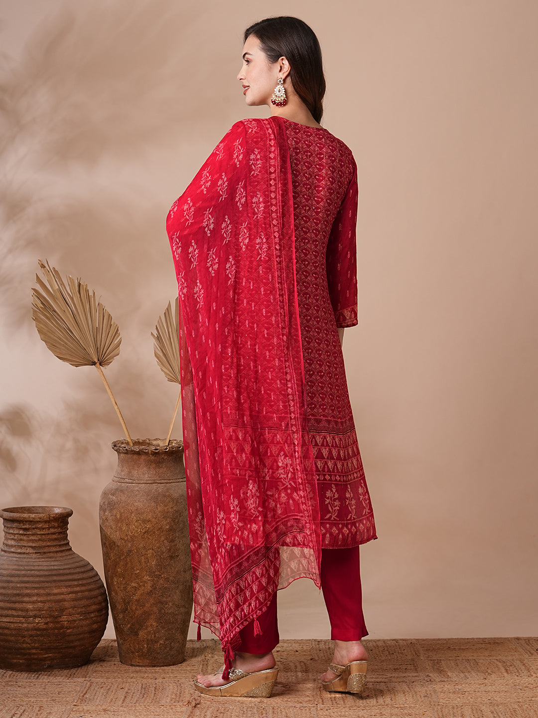 Ethnic Printed & Hand Embroidered Straight Fit Kurta with Pant & Dupatta - Red