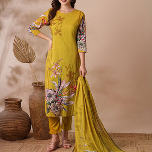 Floral Printed & Embroidered Straight Kurta with Pant & Dupatta - Lime Green