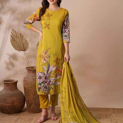 Floral Printed & Embroidered Straight Kurta with Pant & Dupatta - Lime Green