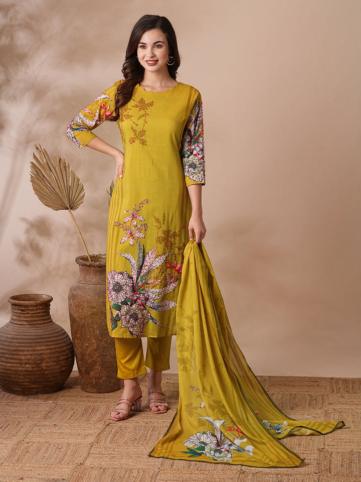 Floral Printed & Embroidered Straight Kurta with Pant & Dupatta - Lime Green