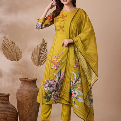 Floral Printed & Embroidered Straight Kurta with Pant & Dupatta - Lime Green