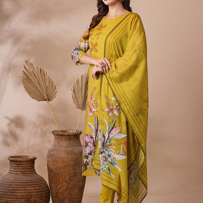 Floral Printed & Embroidered Straight Kurta with Pant & Dupatta - Lime Green