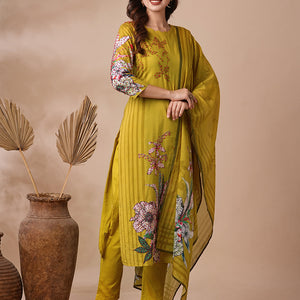 Floral Printed & Embroidered Straight Kurta with Pant & Dupatta - Lime Green