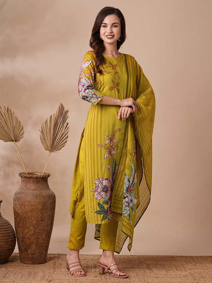 Floral Printed & Embroidered Straight Kurta with Pant & Dupatta - Lime Green