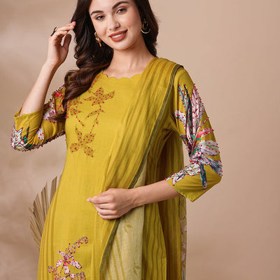 Floral Printed & Embroidered Straight Kurta with Pant & Dupatta - Lime Green
