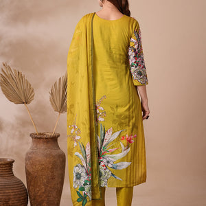 Floral Printed & Embroidered Straight Kurta with Pant & Dupatta - Lime Green
