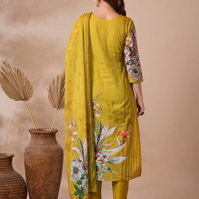 Floral Printed & Embroidered Straight Kurta with Pant & Dupatta - Lime Green