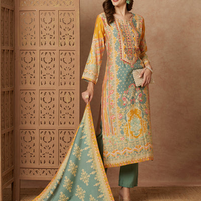 Ethnic Floral Printed Mirror Embroidered Kurta with Pant & Dupatta - Green