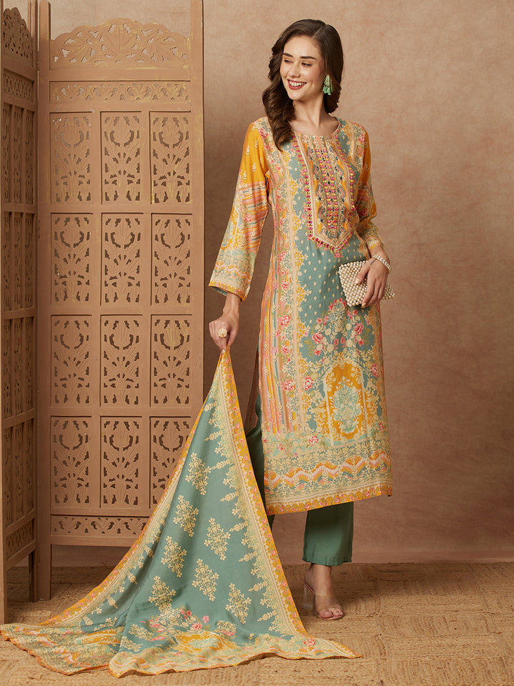 Ethnic Floral Printed Mirror Embroidered Kurta with Pant & Dupatta - Green