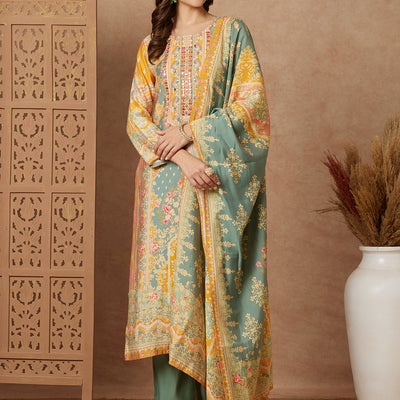 Ethnic Floral Printed Mirror Embroidered Kurta with Pant & Dupatta - Green